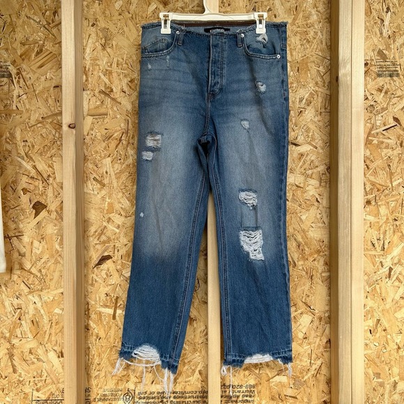 Express Women’s Jeans Size 6 Straight Ankle High Rise Distressed Denim Blue - Picture 1 of 15